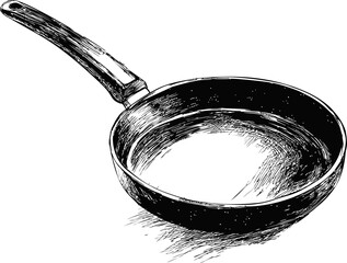 Poster - Black and white detailed ink drawing of a frying pan with a long handle. Vector illustration
