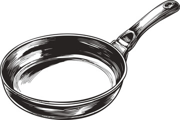 Poster - Detailed black and white sketch of a frying pan with a handle, kitchenware art. Vector illustration