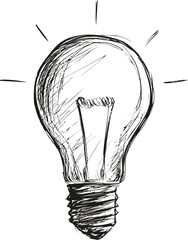 Poster - Sketch of a light bulb with shining rays, black and white line drawing. Vector illustration