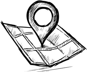 Poster - Hand-drawn map with location pin in black and white sketch style. Vector illustration