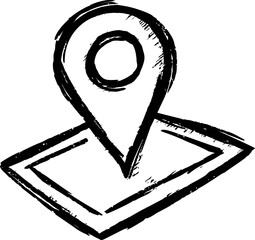 Poster - Black and white sketch of a map with a location pin icon, concept of navigation. Vector illustration