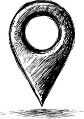 Poster - Sketchy black and white map pin illustration with textured lines concept. Vector illustration