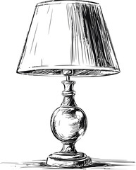 Poster - Black and white sketch of a classic table lamp with a fabric shade. Vector illustration