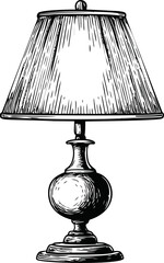 Poster - Illustrated vintage table lamp with classic shade in black and white sketch. Vector illustration