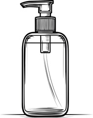 Poster - Black and white sketch of an empty pump bottle with detailed lines. Vector illustration