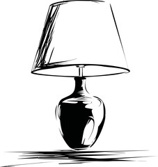 Poster - Black and white sketch of table lamp with classic shade, art illustration. Vector illustration