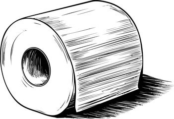 Poster - Monochrome sketch of a toilet paper roll lying on its side in detailed shading. Vector illustration