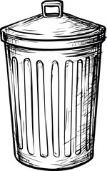 Aufkleber - Black and white sketch of a lidded trash can with artistic details. Vector illustration