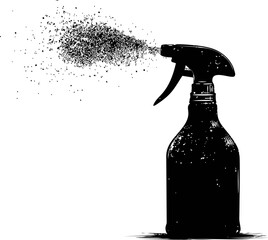 Poster - Black and white illustration of spray bottle emitting mist, silhouette art. Vector illustration