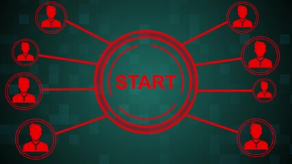 Businessman presses button start on virtual electronic user interface