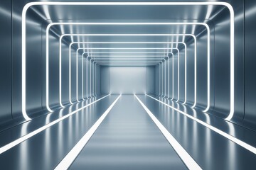 Wall Mural - futuristic illuminated metallic tunnel with glowing light strips in sci-fi style concept background,