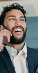 Aufkleber - Man, phone call and happy by window at office with networking, negotiation or contact at real estate agency. Person, realtor and smile for talk on smartphone, feedback and deal for property investing