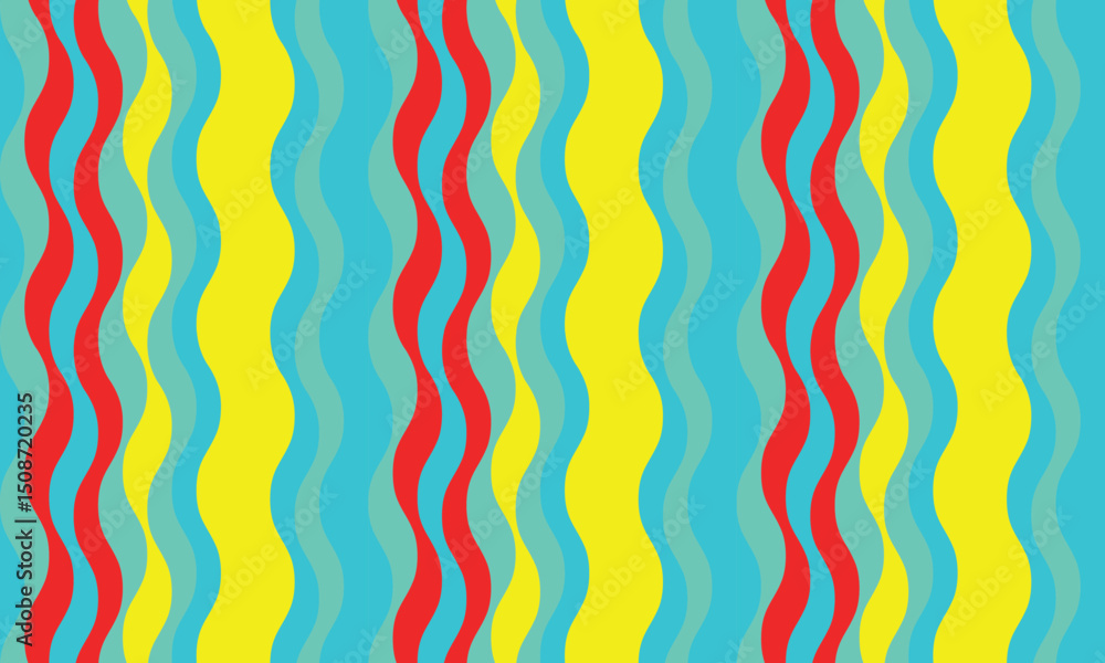 Vibrant, wavy stripes in yellow, turquoise, and red create an energetic, retrostyle pattern perfect for backgrounds, textiles, or website designs.