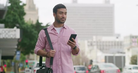 Fototapete - Phone, waiting and business with man in city for ehailing service, taxi cab app search and communication. Location, networking and rider request with person and mobile for transport tracking