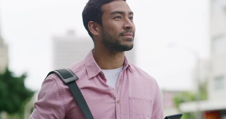 Fototapete - Phone, walk and commute for businessman in city with street, sidewalk and morning work navigation. Social media, typing and contact with employee in urban town for mobile travel app or online message