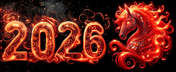 Wall Mural - Figures 2026 and red horse with flaming mane decorated with gold patterns and gems. Banner. Chinese New Year.