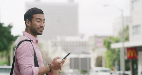 Fototapete - Phone, walk and typing for businessman in city with street, sidewalk and morning work commute. Social media, texting and contact with employee in urban town for mobile travel app or online message