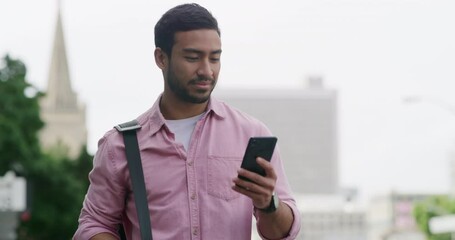 Fototapete - Phone, walk and navigation for businessman in city with street, sidewalk and morning work commute. Social media, typing and contact with employee in urban town for mobile travel app or online message