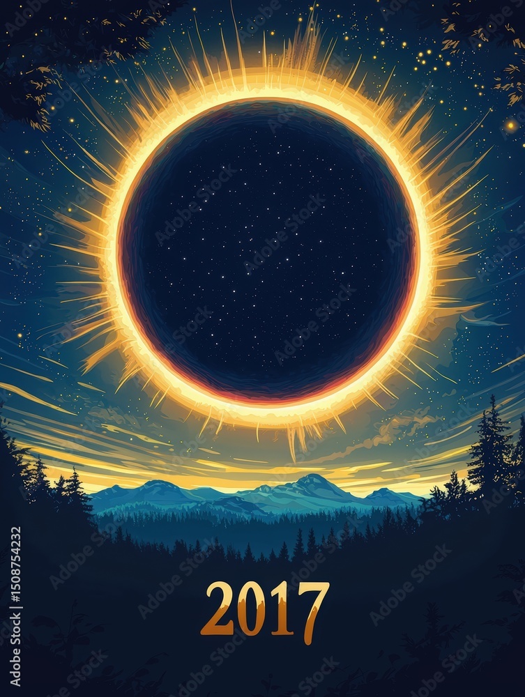 The awe of a solar eclipse, featuring a darkened sun surrounded by a radiant corona. A starry night sky and distant mountains enhance the celestial atmosphere.