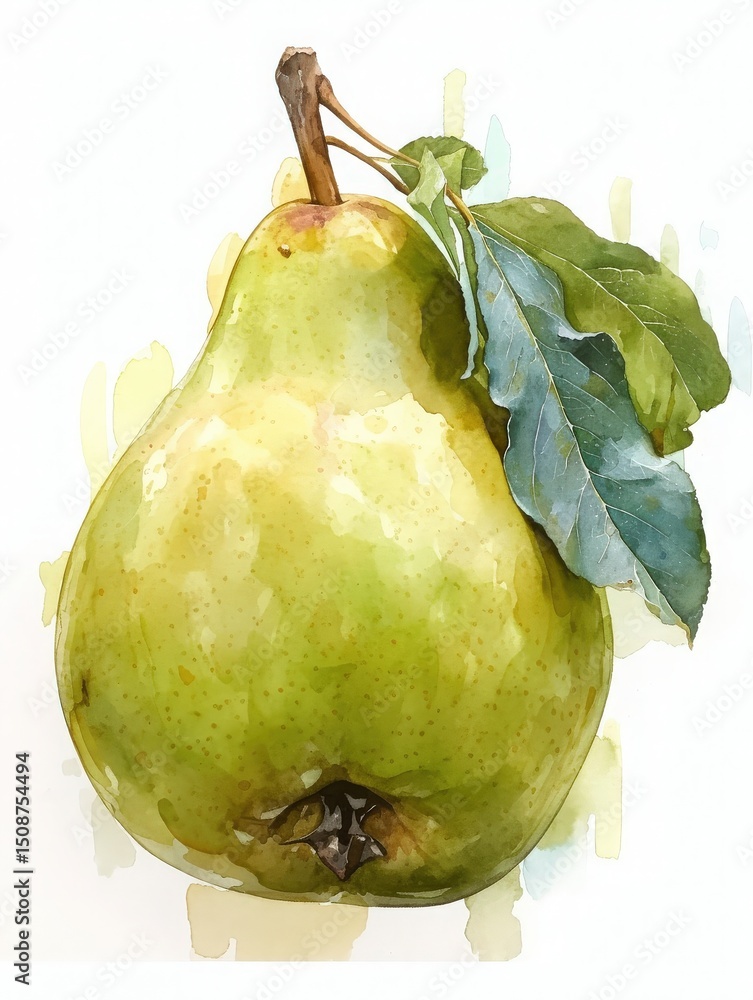 A ripe green pear rests elegantly with vibrant leaves attached. It is surrounded by a gentle watercolor design, emphasizing the fruits natural shape and color.