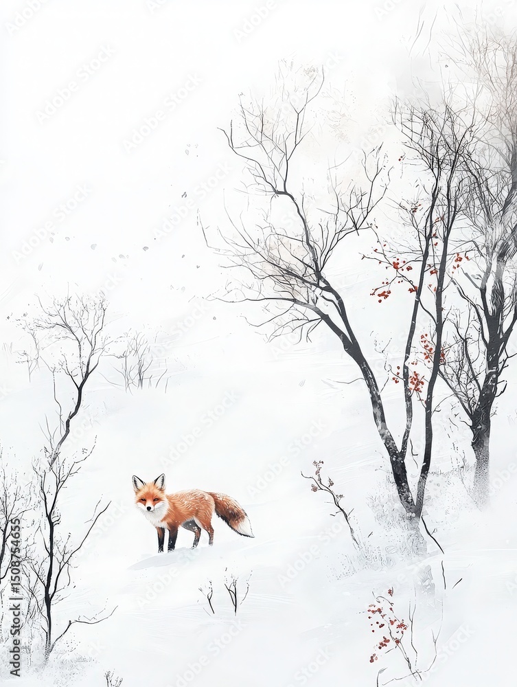A red fox stands alert in a snowy landscape, surrounded by leafless trees. The scene captures the serene beauty of winter, showcasing the foxs vibrant fur against the white backdrop.