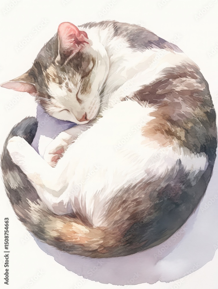 A cat is peacefully curled up in a circular shape, napping on a light pastel surface. The felines fur displays a beautiful blend of white, gray, and tan colors, basking in soft daylight.