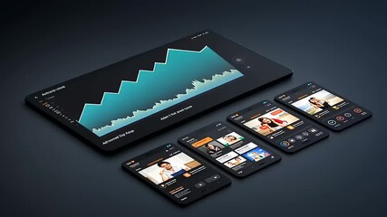 Modern digital interface showcasing various applications on multiple smartphone screens