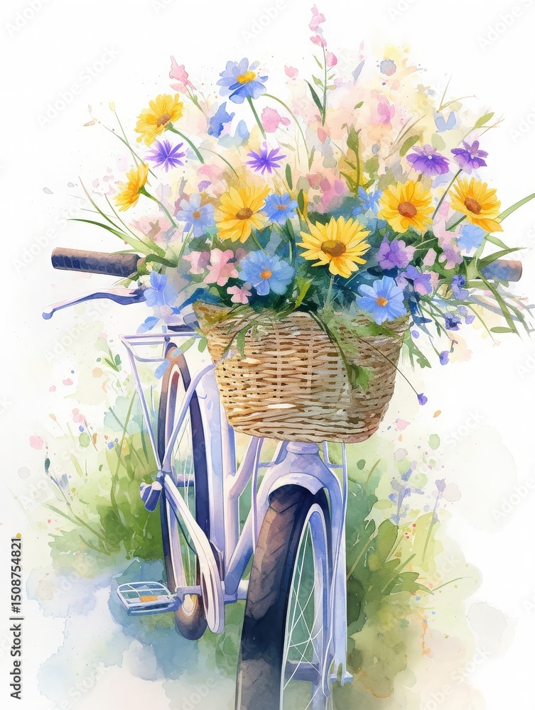 A vintage bicycle stands on a path adorned with a basket full of vibrant flowers. Bright daisies and delicate blooms bring a cheerful vibe to the peaceful outdoor location during a sunny day.