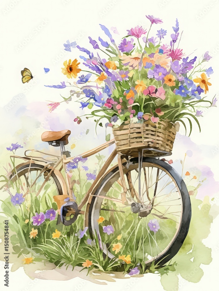 A vintage bicycle stands upright in a lush meadow, its front basket overflowing with a colorful array of flowers. The bright blooms attract a butterfly, adding charm to the serene setting.