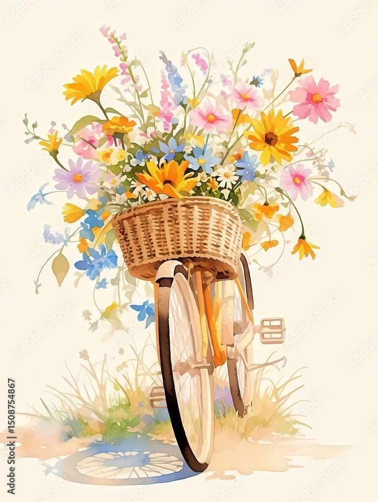 A vintage bicycle stands against a soft background, featuring a beautifully woven basket filled with colorful flowers.