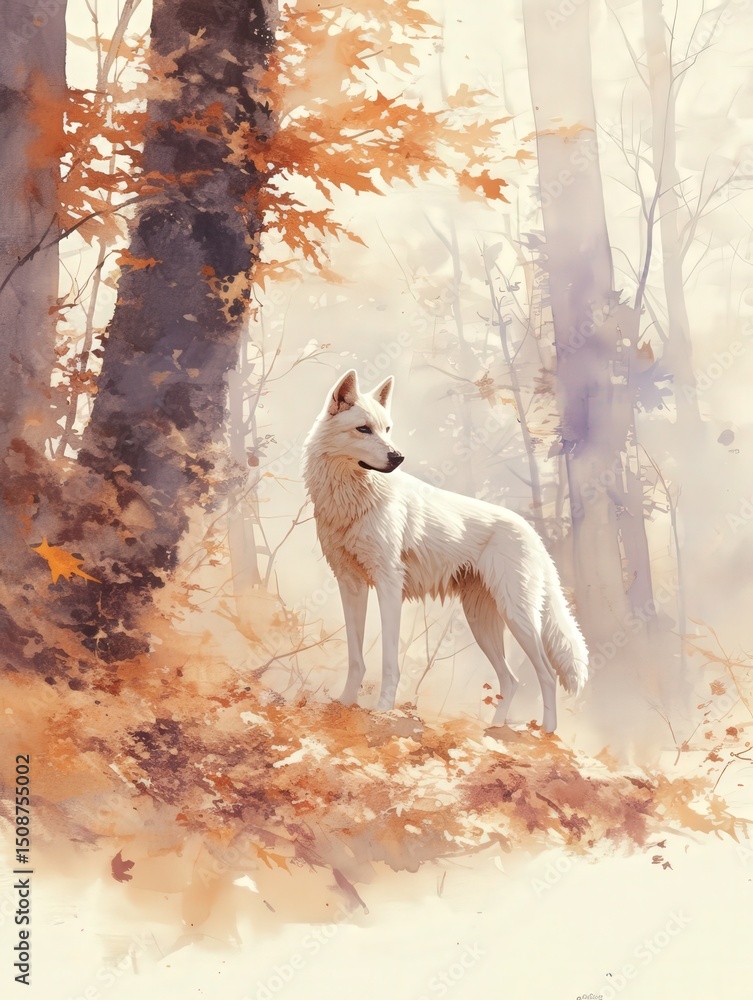 A white wolf stands proudly in a serene forest surrounded by vibrant autumn foliage. The trees create a warm backdrop, enhancing the peaceful atmosphere of this natural scene.