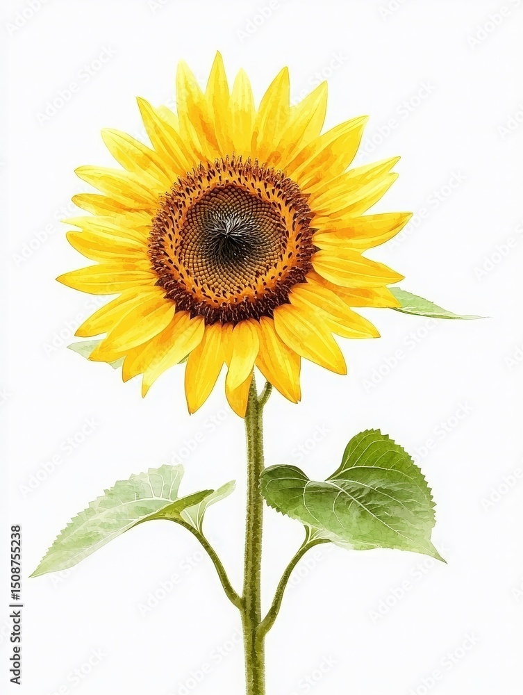 A tall sunflower stands with its broad yellow petals radiating from a dark brown center. Green leaves support the stem as the flower reaches towards bright light in a cheerful display.