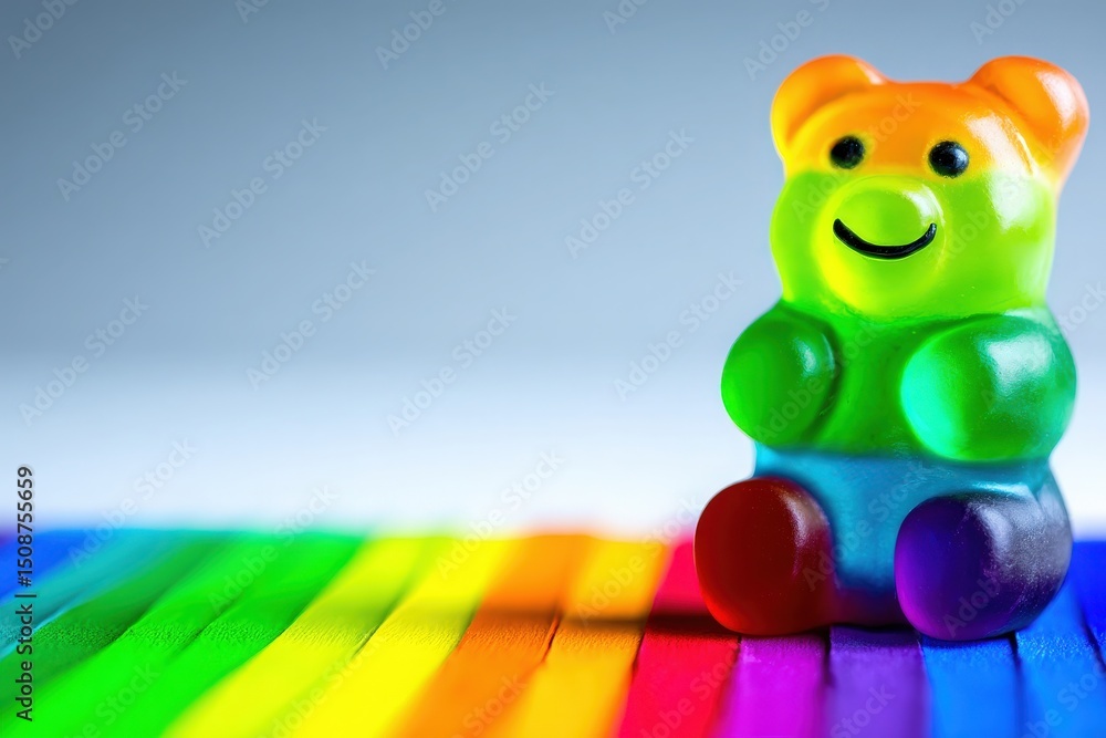 A bright gummy bear toy with bold colors sits on a rainbow-striped surface. The playful design contrasts with the soft gradient of the background, enhancing the whimsical feel of the scene.