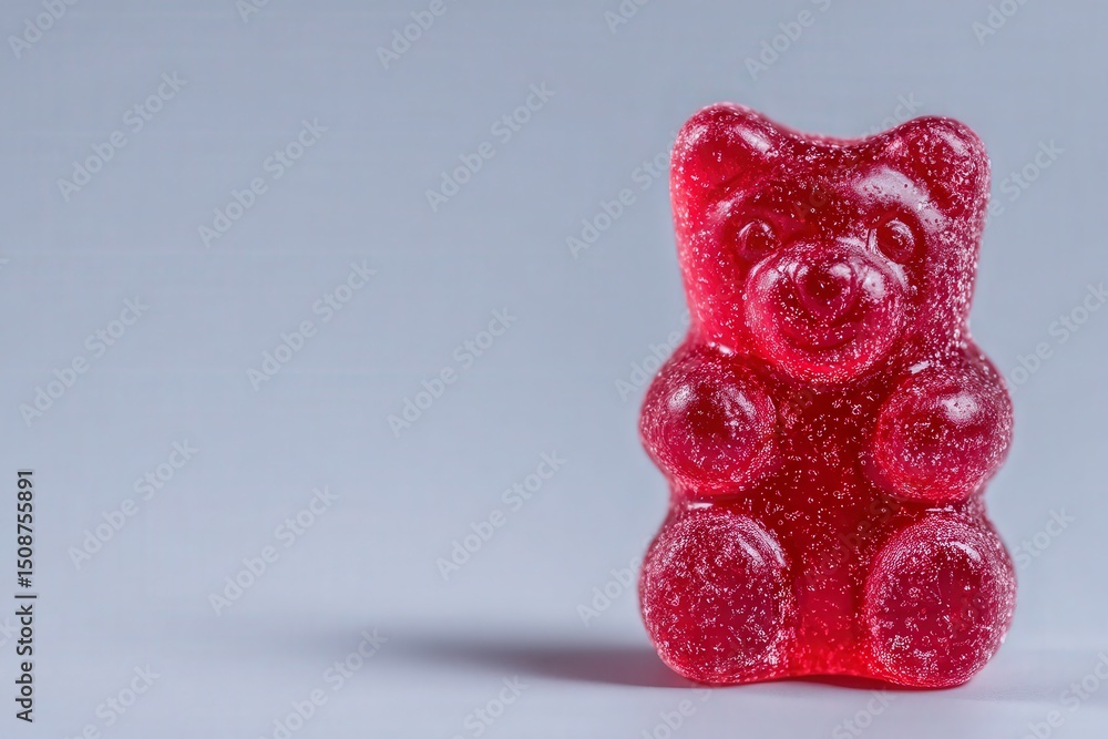 A bright red gummy bear figure, plump and textured with sugar. It sits upright on a flat surface, highlighting its cheerful expression. The neutral background enhances its vibrant color.