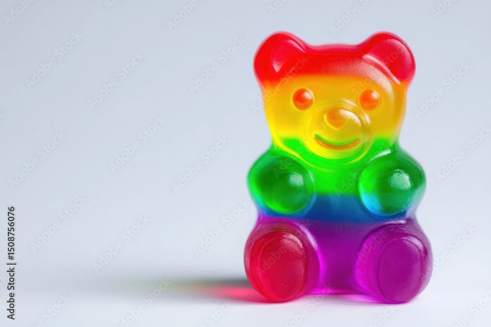A vibrant gummy bear sits upright, showcasing a rainbow gradient from red on top to purple at the bottom. The bear has a playful expression, adding a fun touch to the composition.