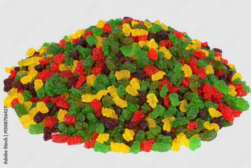 A pile of assorted gummy bears in various colors, including red, green, yellow, and purple, is arranged on a plain background.