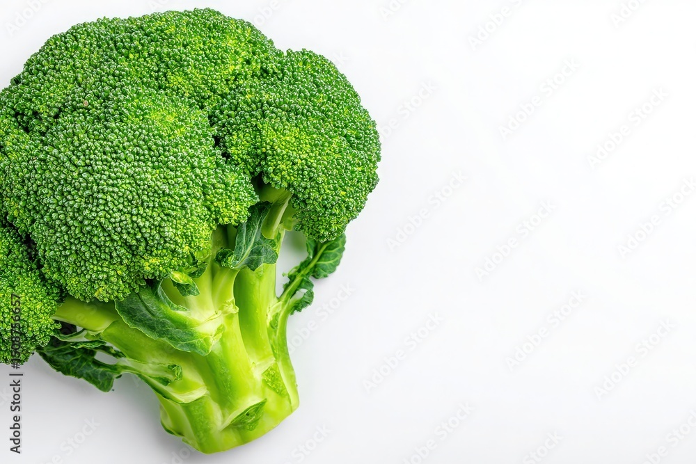 Large, vibrant broccoli with dense florets sits against a plain white background, showcasing its fresh green color.