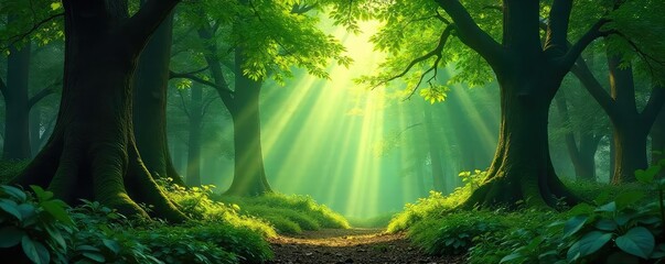 Wall Mural - lush, deep forest scene with dappled sunlight filtering through leaves, creating a magical atmospher
