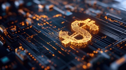Wall Mural - Digital dollar sign made of glowing lines and circuits over a dark tech-inspired backdrop