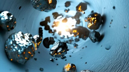 Wall Mural - glowing rocks hurtle through a cylindrical tunnel, creating a dynamic, abstract scene