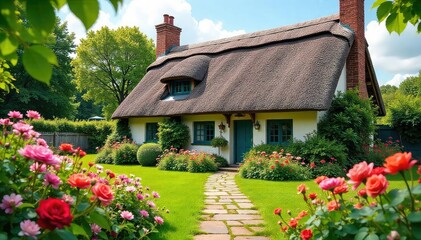 Wall Mural - Charming thatched-roof cottage nestled in a vibrant English countryside garden, bursting with wildflowers and roses Perfect for idyllic home, travel, and nature themes , scenery, path