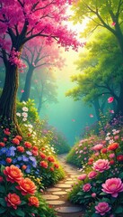 Wall Mural - Vibrant blossoms burst forth in a profusion of color, creating a breathtakingly beautiful garden scene Perfect for illustrating springtime, nature, or floral themes , seasonal, outdoor