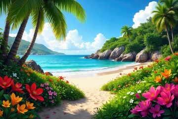 Wall Mural - Serene coastal garden brimming with lush vegetation, vibrant flowers, and sandy beach in the background Perfect for relaxation and tranquility themes , paradise, summer, hotel