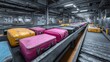 © Yuta - Baggage handling system with colorful suitcases on conveyor belts process