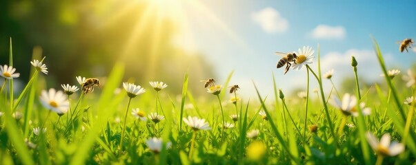 Wall Mural - Sun-drenched meadow in summertime, wildflowers in bloom, vibrant green grass, buzzing bees, idyllic landscape, perfect summer day , warm, flowers, idyllic