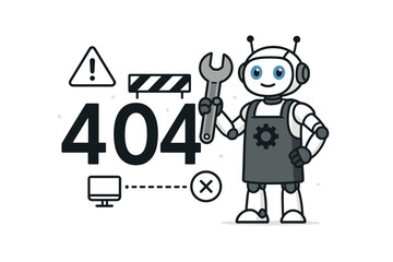 robot mechanic fixing 404 error page. technical support maintenance. website repair technician. digi