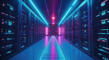 Aufkleber - Symmetrical neon-lit data center with vibrant blue and magenta server racks, ideal for illustrating advanced network systems, cloud infrastructure, and digital security services