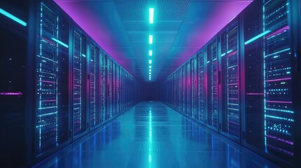 Poster - Futuristic neon-lit data center corridor with rows of glowing server racks in blue and purple tones, ideal for tech websites, cloud services, and cybersecurity visuals
