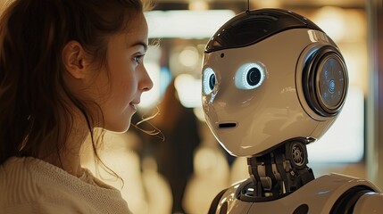 Aufkleber - A focused image of a robot engaging with a human, showcasing AI-enhanced communication and advanced collaboration between human and machine.