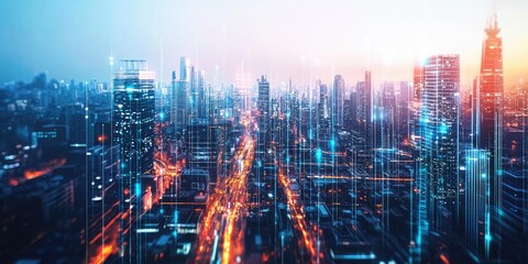 Fototapete - A detailed view of modern design in a futuristic city, showcasing robotic construction, advanced AI, and a sleek, high-tech look.